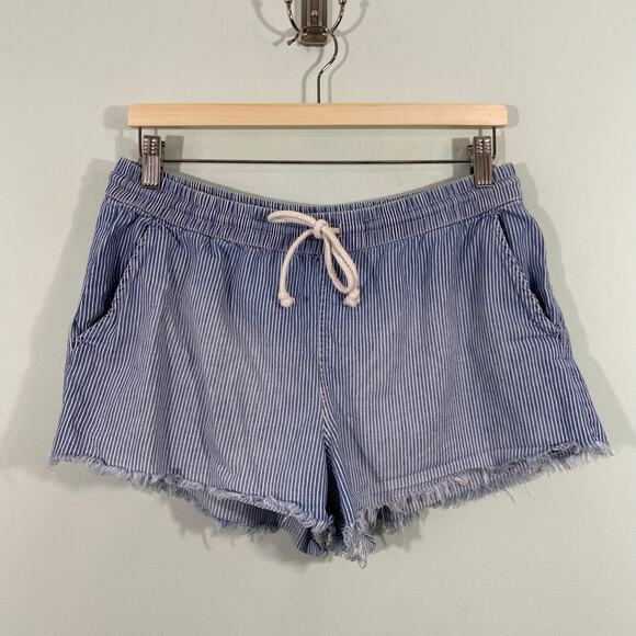 Aerie Women Blue Striped Drawstring Cotton Pull On Shorts Size L - Picture 1 of 4